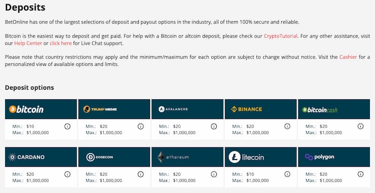 A screenshot of the betonline FL sportsbook deposit options